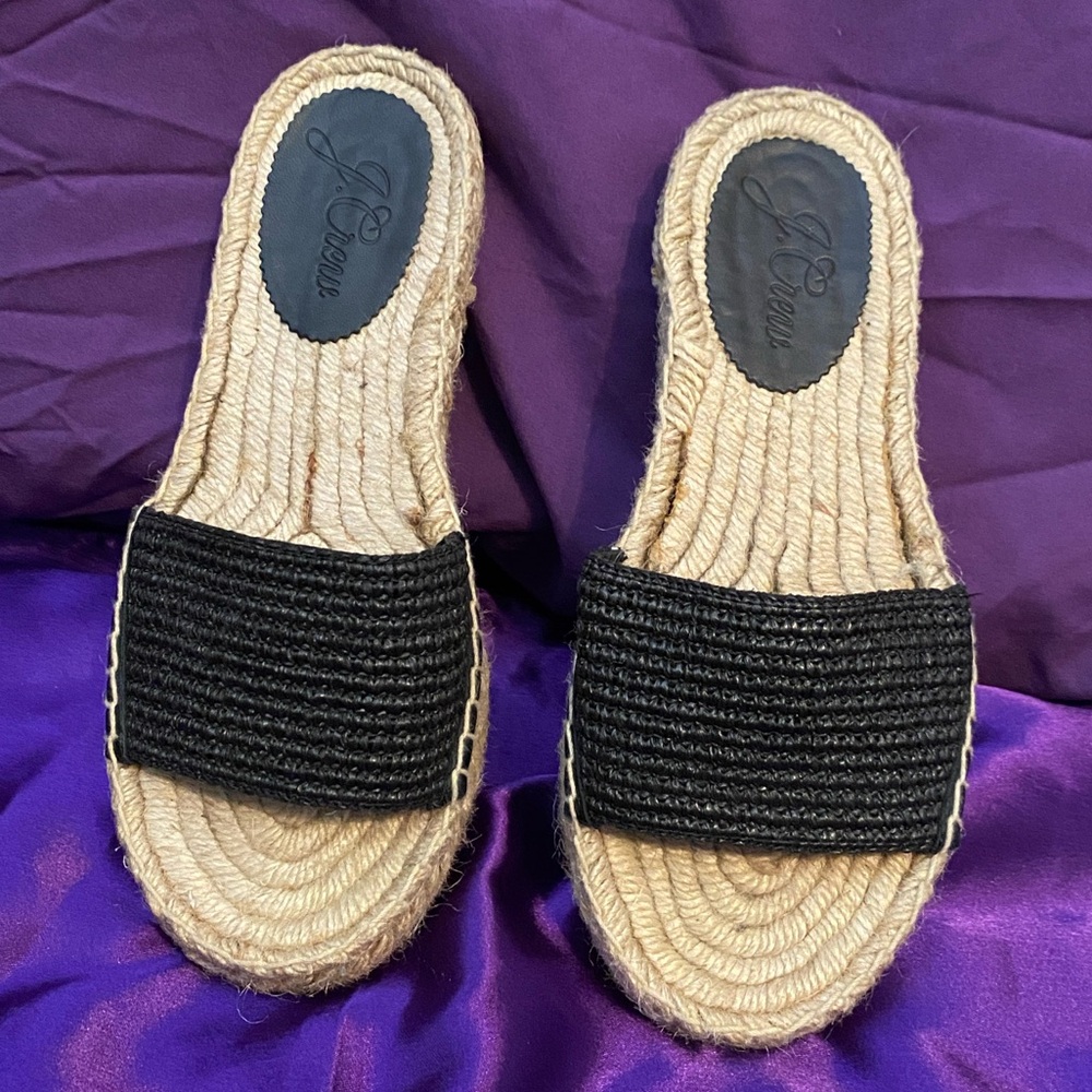 J. Crew Black and Tan Espadrille Slip-Ons. Size 7.
